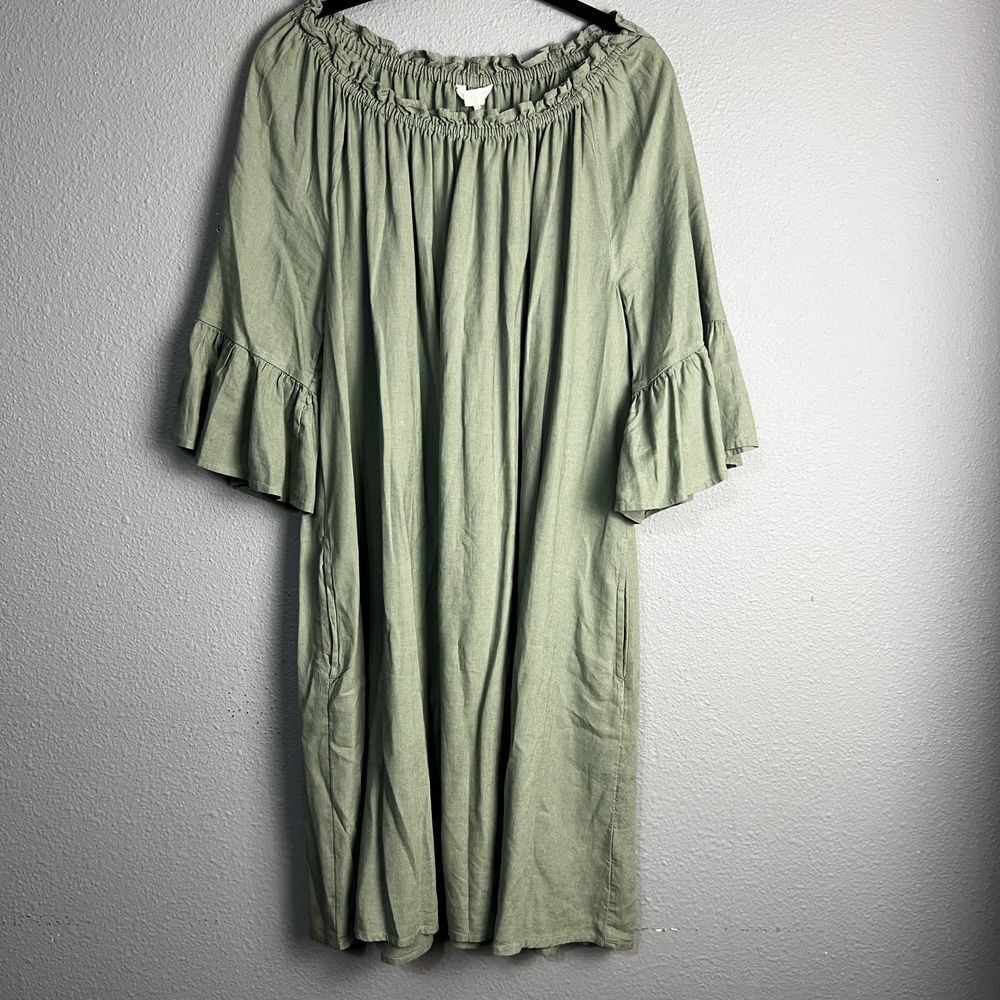 Caslon Off-Shoulder Milk Maid Dress‎ Ruffle Sleeve Oversized Casual Green XS